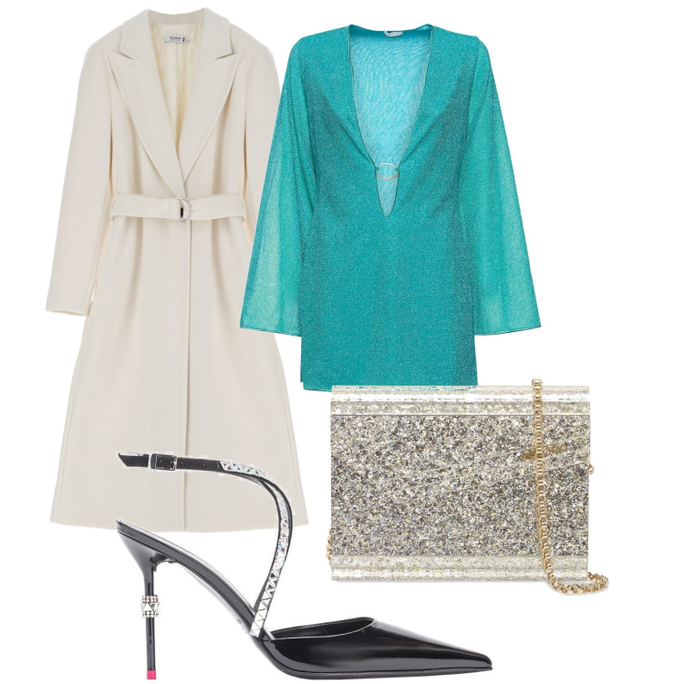 Outfit donna - San Silvestro brillante. Stile Glamour per Serata fuori. Abbinamento con scarpe col tacco, cappotti, pochette, vestiti.