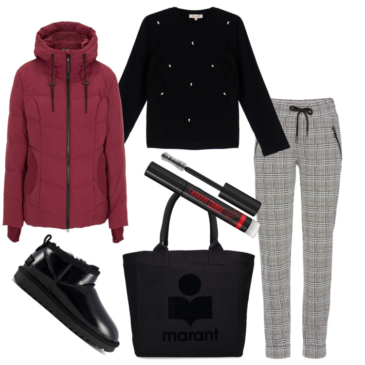 Outfit donna - Passeggiata guardando le vetrine. Stile Basic per Tutti i giorni. Abbinamento con pantaloni, piumini, mascara, maglieria, stivali, shopping bag.