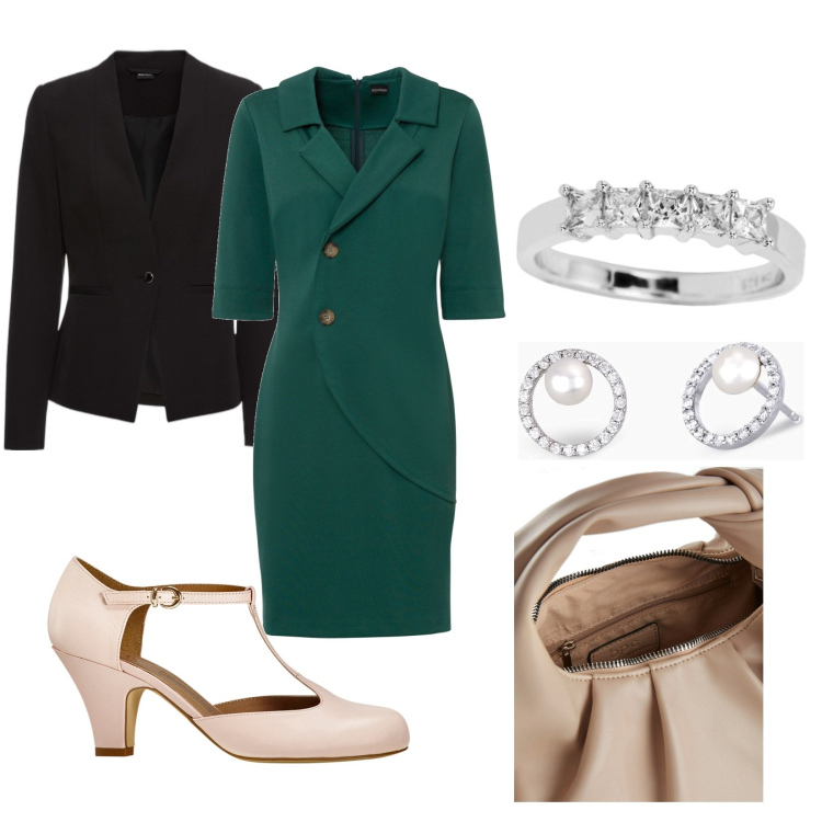 Outfit donna - Verde chic. Stile Bon Ton Abbinamento con orecchini, blazer, décolleté, anelli, vestiti, borse a mano.