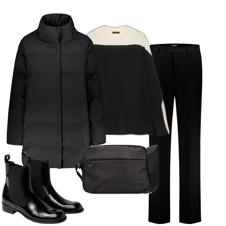 Outfit donna - In ufficio. Stile Mannish per Ufficio. Abbinamento con piumini, pantaloni, maglieria, stivaletti chelsea, borse a spalla.