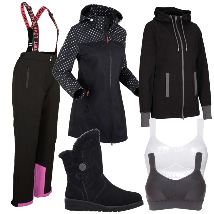 Outfit donna - In montagna bonprix. Stile Sporty chic per Sport. Abbinamento con blazer, pantaloni, reggiseni, stivali, felpe con cappuccio.