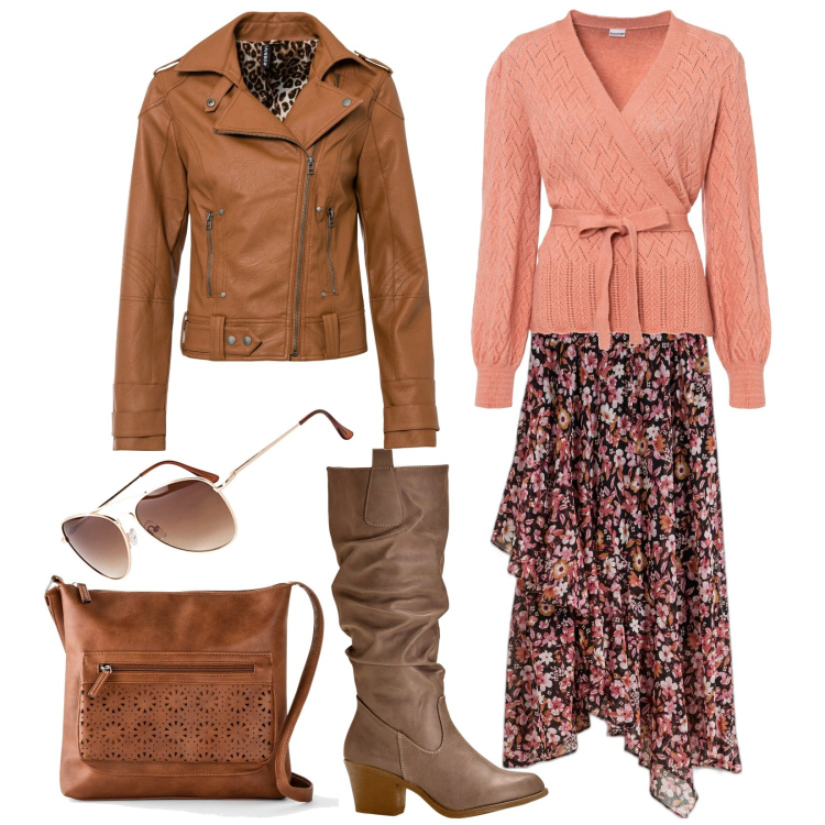 Outfit donna - Country/romantico. Stile Romantica per Tutti i giorni. Abbinamento con stivali, occhiali da sole, borse a tracolla, maglieria, gonne, cappotti.
