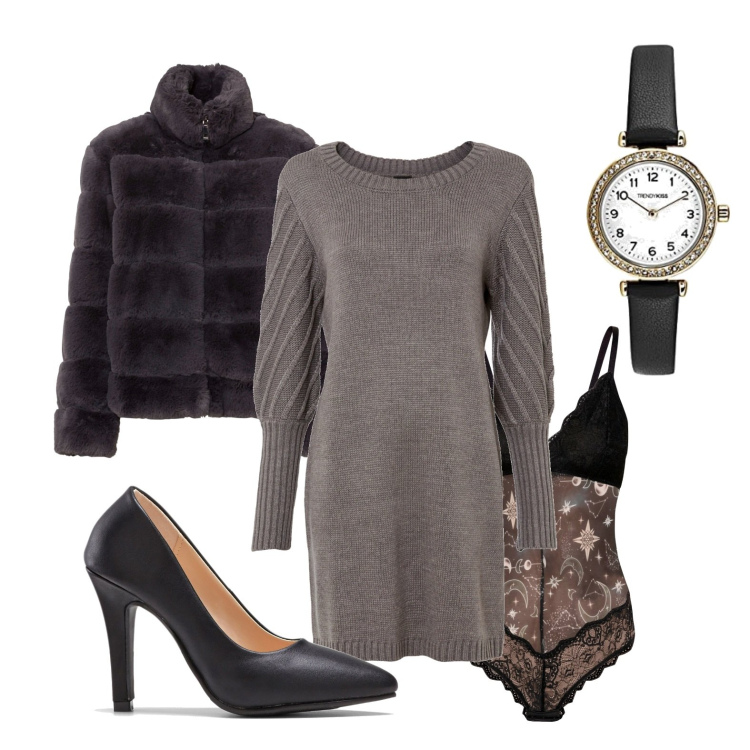 Outfit donna - Comoda ma chic. Stile Casual chic per Serata fuori. Abbinamento con ecopellicce, vestiti, body, décolleté, orologi analogici.