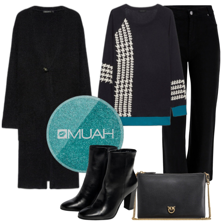 Outfit donna - Curvy, cheap & chic serata fuori. Stile Casual chic per Serata fuori. Abbinamento con ombretti, borse a tracolla, jeans dritti, maglieria, cardigans, stivaletti.