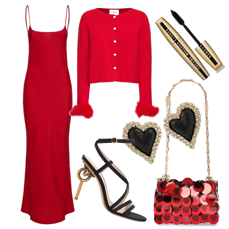 Outfit donna - Capodanno con l\'abito a sirena. Stile Glamour per Serata fuori. Abbinamento con mascara, sandali in pelle, vestiti, cardigans, borse a spalla, orecchini.