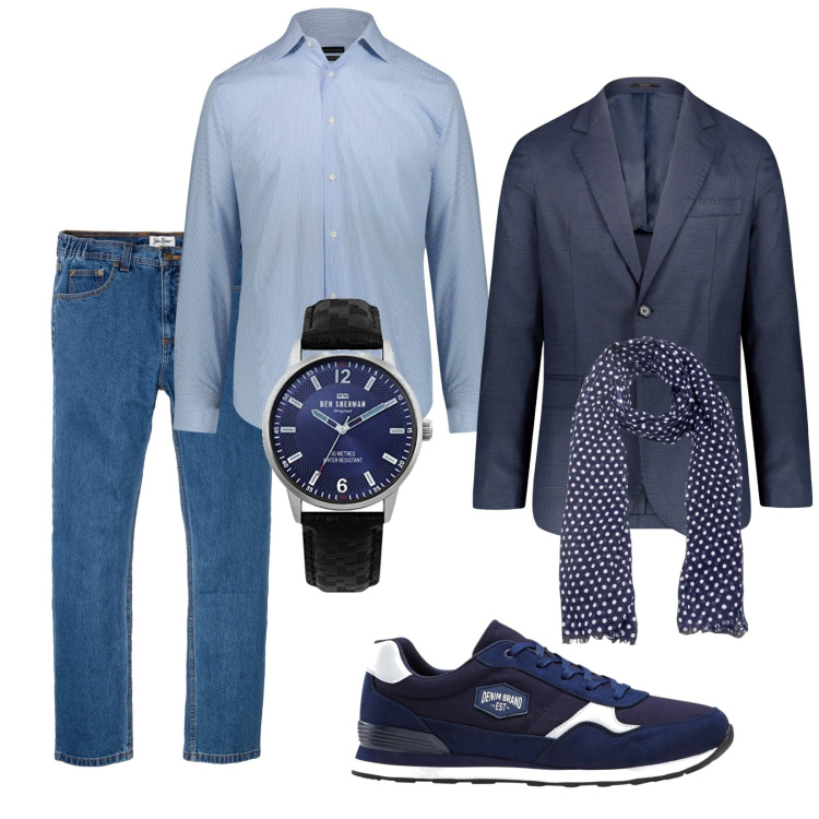 Outfit uomo - Aperitivo. Stile Trendy per Tutti i giorni. Abbinamento con jeans dritti, sneakers, orologi analogici, giacche, sciarpe, camicie.