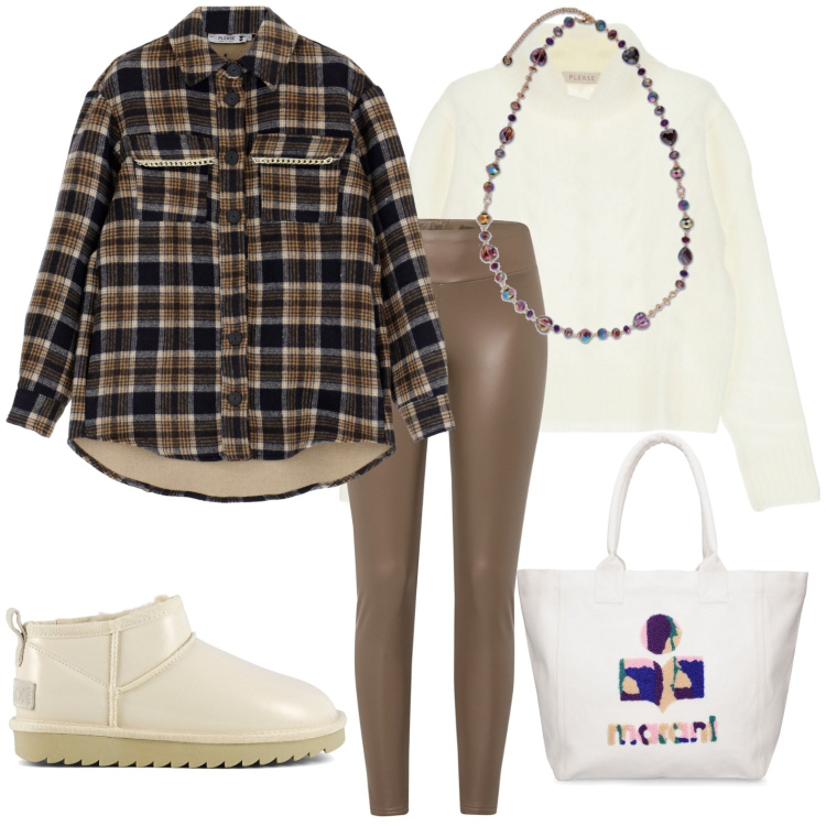 Outfit donna - Total look #1789559. Stile Casual per Tutti i giorni. Abbinamento con leggings, blazer, maglieria, stivali, shopping bag, collane.