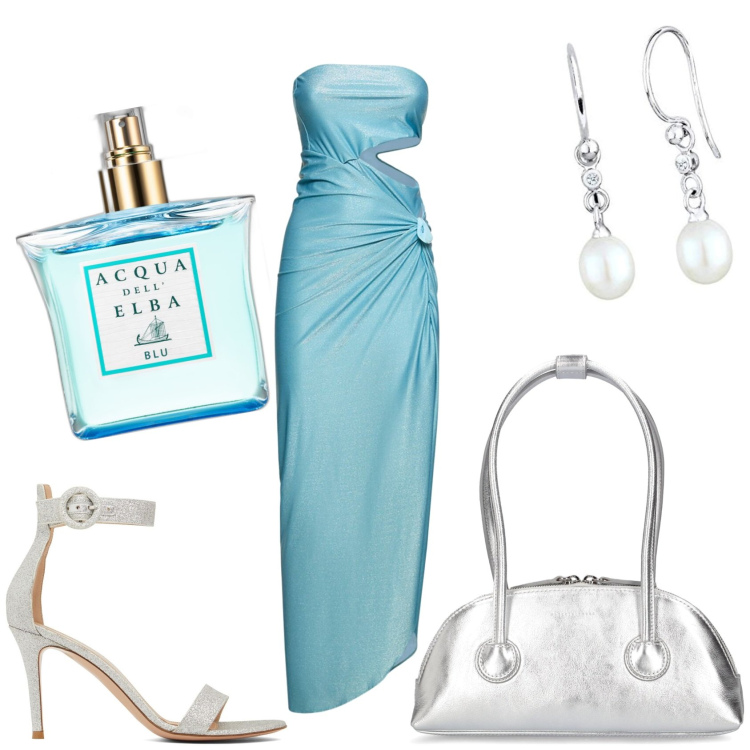 Outfit donna - Cerimonia in celeste. Stile Glamour per Cerimonia. Abbinamento con profumi, vestiti, orecchini, sandali in pelle, borse a spalla.