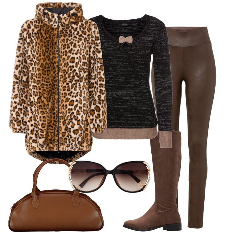 Outfit donna - City. Stile Glamour per Tutti i giorni. Abbinamento con maglieria, stivali, occhiali da sole, leggings, ecopellicce, borse a spalla.