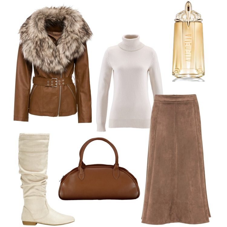 Outfit donna - Total look nude. Stile Chic per Tutti i giorni. Abbinamento con gonne longuette, blazer, maglieria, stivali, profumi, borse a spalla.