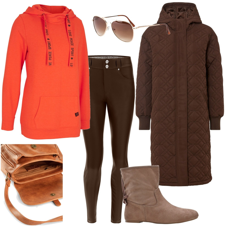 Outfit donna - Total look #1789575. Stile Casual per Tutti i giorni. Abbinamento con occhiali da sole, borse a tracolla, felpe con cappuccio, cappotti, stivaletti, pantaloni.