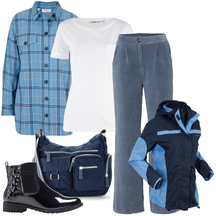 Outfit donna - Total look #1789583. Stile Casual per Tutti i giorni. Abbinamento con stivaletti, borse a tracolla, t-shirt, camicie, pantaloni, giacche sportive.