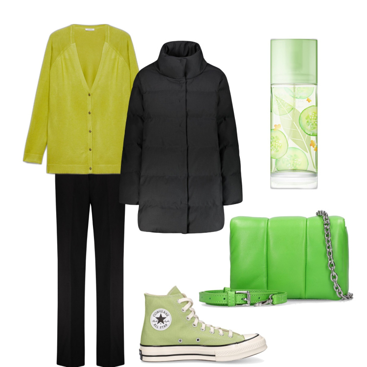 Outfit donna - Bell’idea. Stile Basic per Tutti i giorni. Abbinamento con profumi, piumini, cardigans, borse a spalla, sneakers, pantaloni.