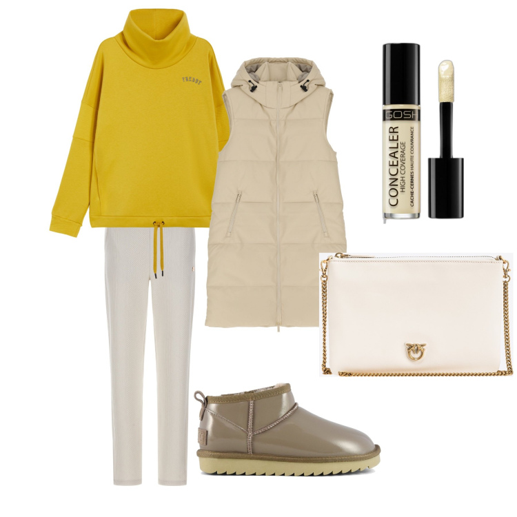 Outfit donna - Girasole. Stile Basic per Tutti i giorni. Abbinamento con correttori, piumini, borse a tracolla, felpe, pantaloni, stivali.