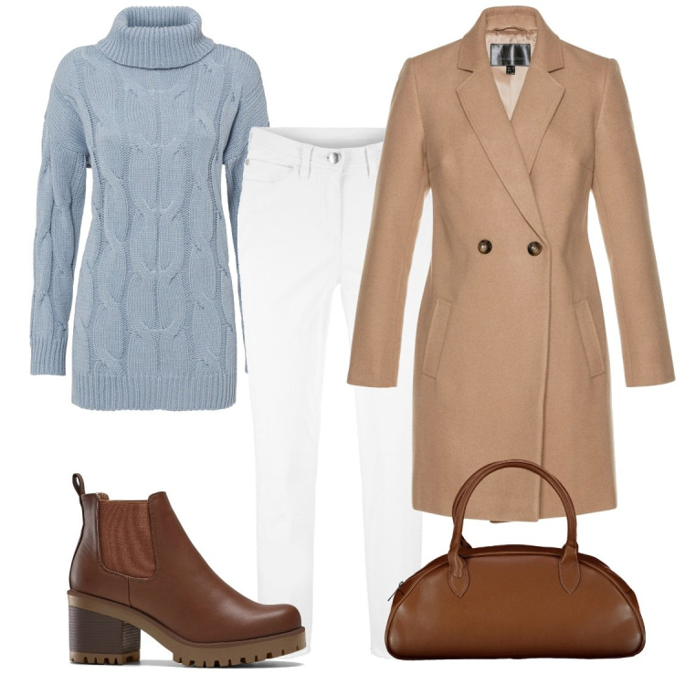 Outfit donna - L\'azzurro che sta bene a tutte. Stile Casual chic per Ufficio. Abbinamento con stivaletti chelsea, pantaloni capri, cappotti, maglieria, borse a spalla.