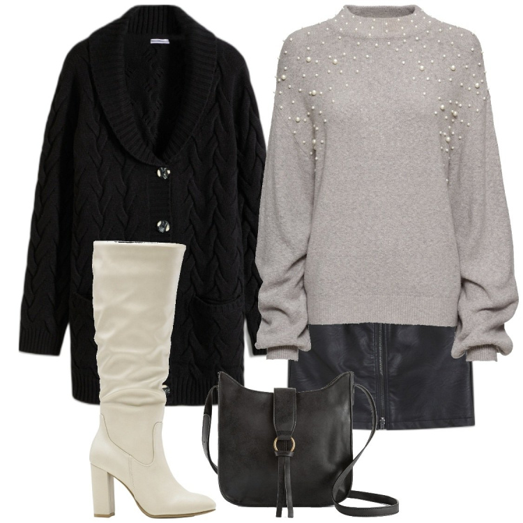Outfit donna - Total look #1789597. Abbinamento con cardigans, borse a tracolla, maglieria, minigonne, stivali sopra il ginocchio.