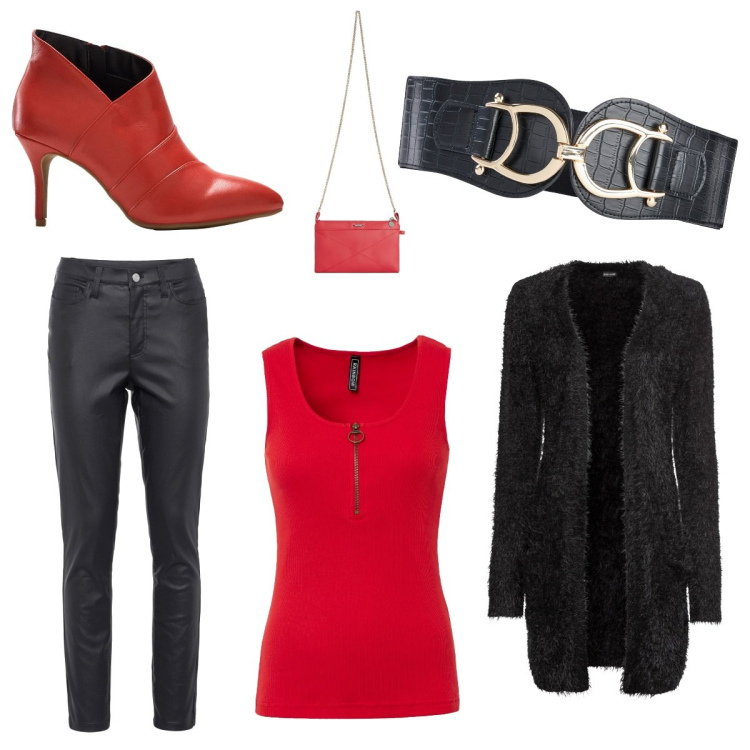 Outfit donna - Rosso d\'autunno. Stile Casual chic per Serata fuori. Abbinamento con cardigans, top, stivaletti, cinture, pantaloni skinny, clutch.