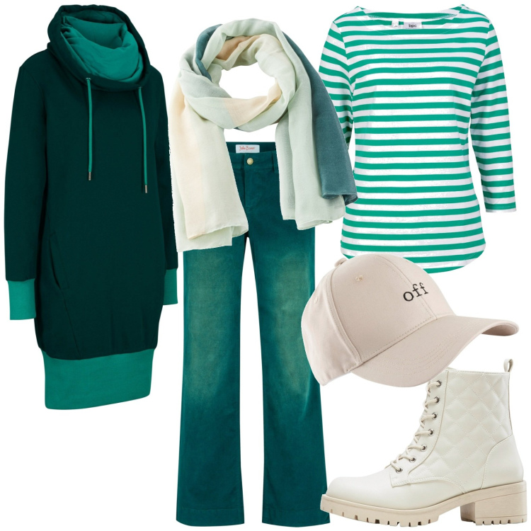 Outfit donna - Total look #1789609. Stile Casual per Tutti i giorni. Abbinamento con pantaloni, maglieria, cappelli con visiera, vestiti, sciarpe, stivaletti.