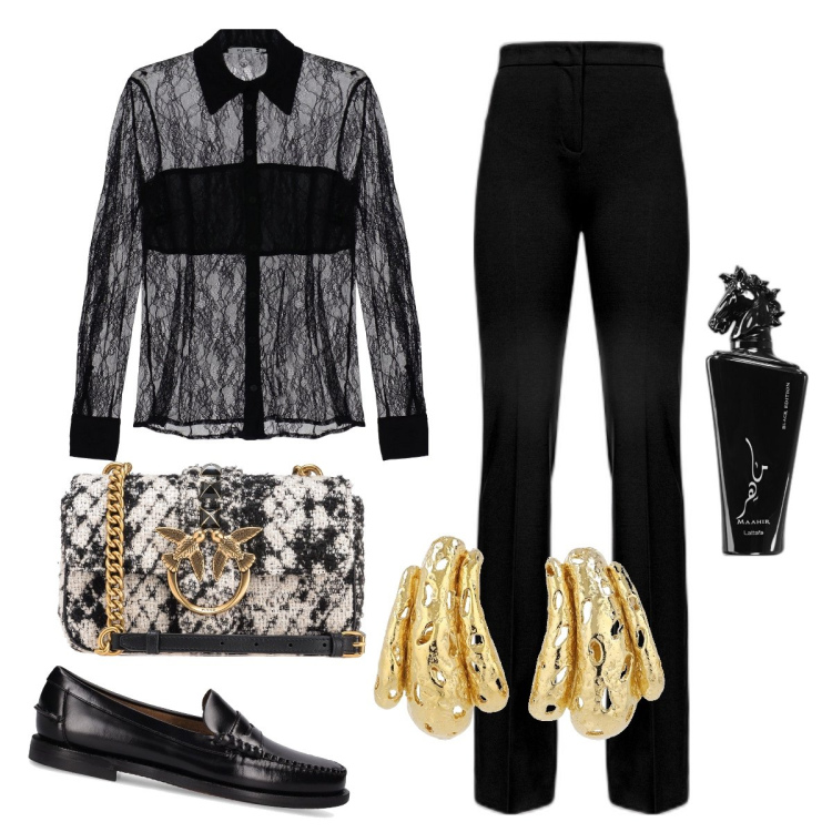 Outfit donna - serata chic e grintosa. Stile Glamour per Serata fuori. Abbinamento con profumi, pantaloni, borse a tracolla, camicie, orecchini, mocassini.
