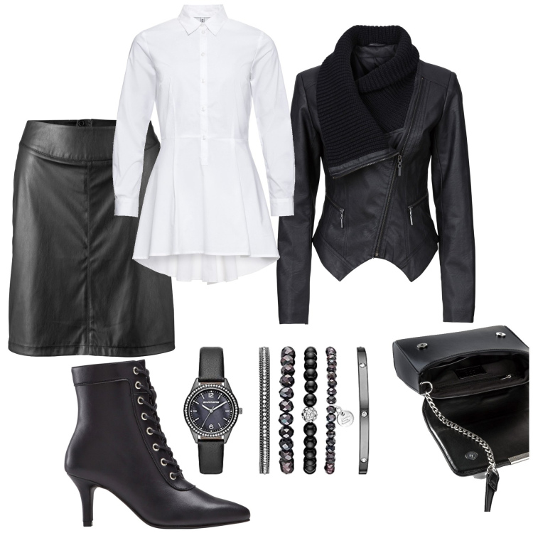Outfit donna - Colazione di lavoro. Stile Glamour per Ufficio. Abbinamento con camicie, blazer, gonne, stivaletti, borse a tracolla, orologi.