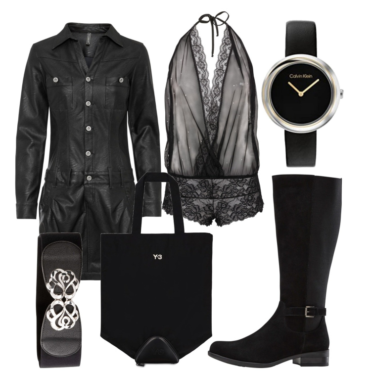 Outfit donna - Total black. Stile Rock per Serata fuori. Abbinamento con stivali, cinture, body, vestiti, shopping bag, orologi analogici.