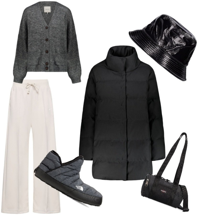 Outfit donna - Evviva il grigio!. Stile Sporty chic per Tutti i giorni. Abbinamento con piumini, cardigans, pantaloni, borse a spalla, stivali sopra il ginocchio, cappelli.