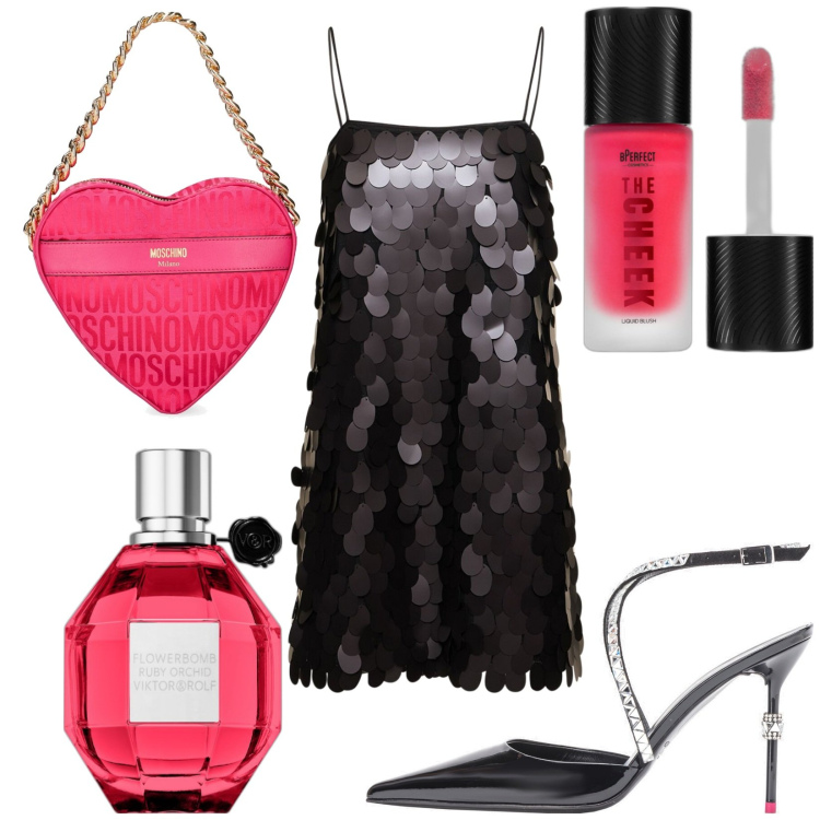 Outfit donna - Cheek. Stile Sexy per Serata fuori. Abbinamento con profumi, blush, scarpe col tacco, vestiti, borse a mano.