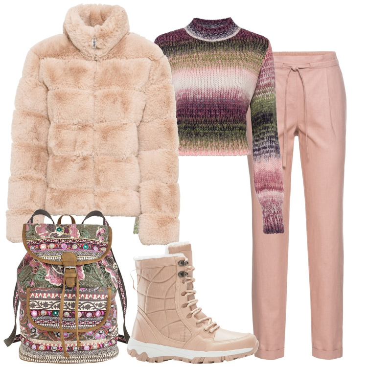 Outfit donna - City. Stile Romantica per Tutti i giorni. Abbinamento con pantaloni, ecopellicce, stivaletti, maglieria, zaini.