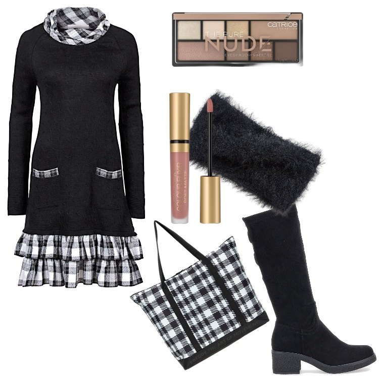 Outfit donna - Comfort fit-gennaio. Stile Casual per Tutti i giorni. Abbinamento con vestiti lunghi, ombretti, rossetti, fasce per capelli, borse tote, stivali sopra il ginocchio.
