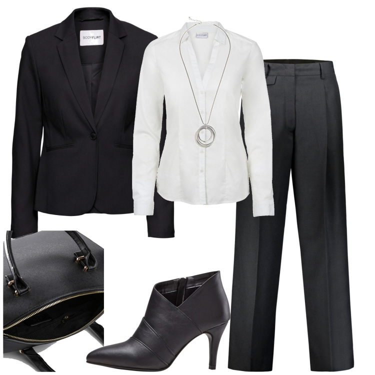 Outfit donna - In ufficio. Stile Minimal per Ufficio. Abbinamento con camicie, blazer, stivaletti, collane, borse a mano, pantaloni.