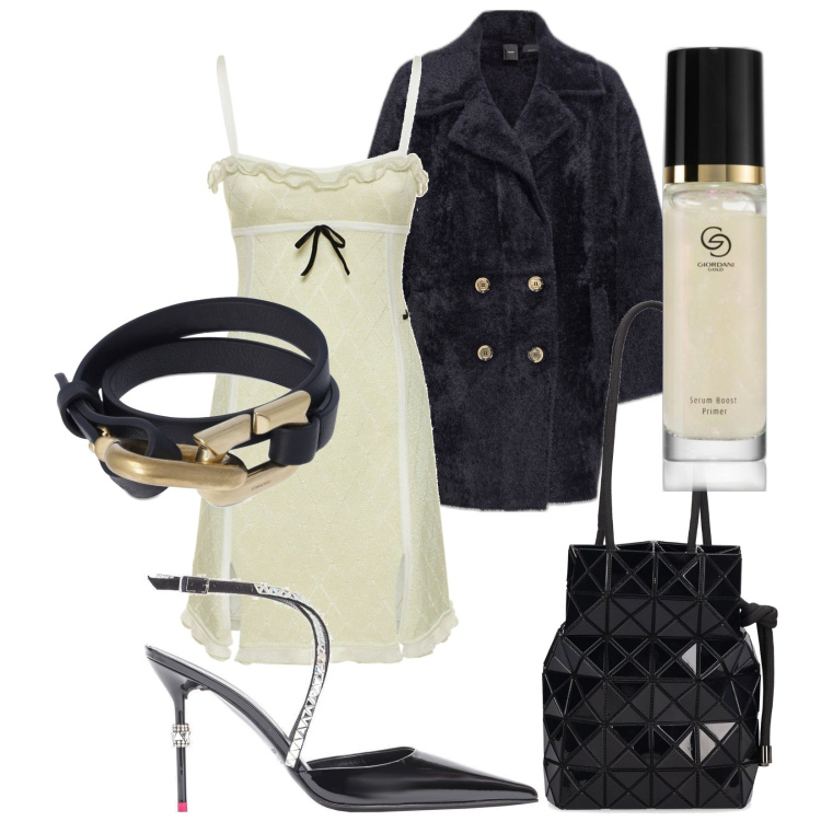 Outfit donna - Scollata. Stile Romantica per Serata fuori. Abbinamento con primer, scarpe col tacco, cappotti, vestiti, braccialetti, borse a secchiello.