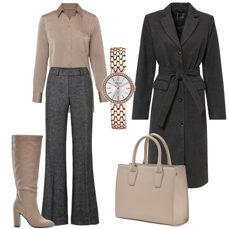 Outfit donna - Casual chic. Stile Casual chic per Ufficio. Abbinamento con pantaloni a palazzo, camicie, cappotti, stivali sopra il ginocchio, shopping bag, orologi analogici.