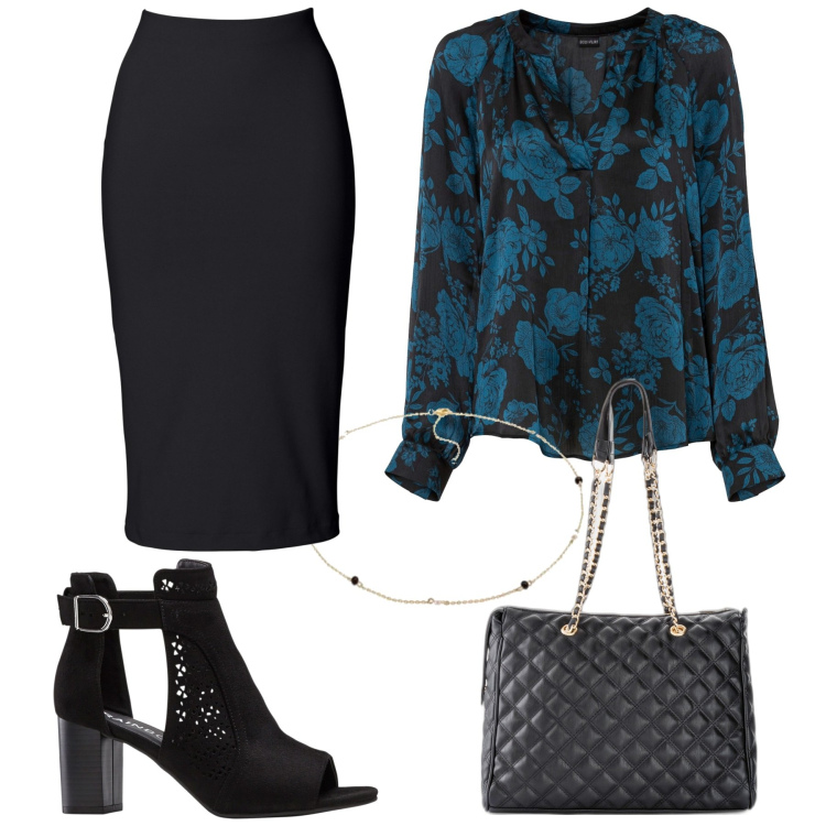 Outfit donna - Serata primaverile. Stile Chic per Serata fuori. Abbinamento con gonne longuette, sandali col tacco, shopping bag, tuniche, collane.