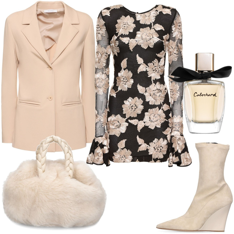 Outfit donna - Total look #1789654. Stile Trendy per Serata fuori. Abbinamento con profumi, vestiti, stivaletti, borse a mano, blazer.
