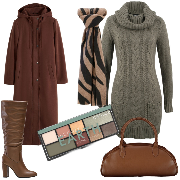 Outfit donna - Basic a gennaio. Stile Basic per Tutti i giorni. Abbinamento con vestiti, cappotti, stivali sopra il ginocchio, ombretti, sciarpe, borse a spalla.