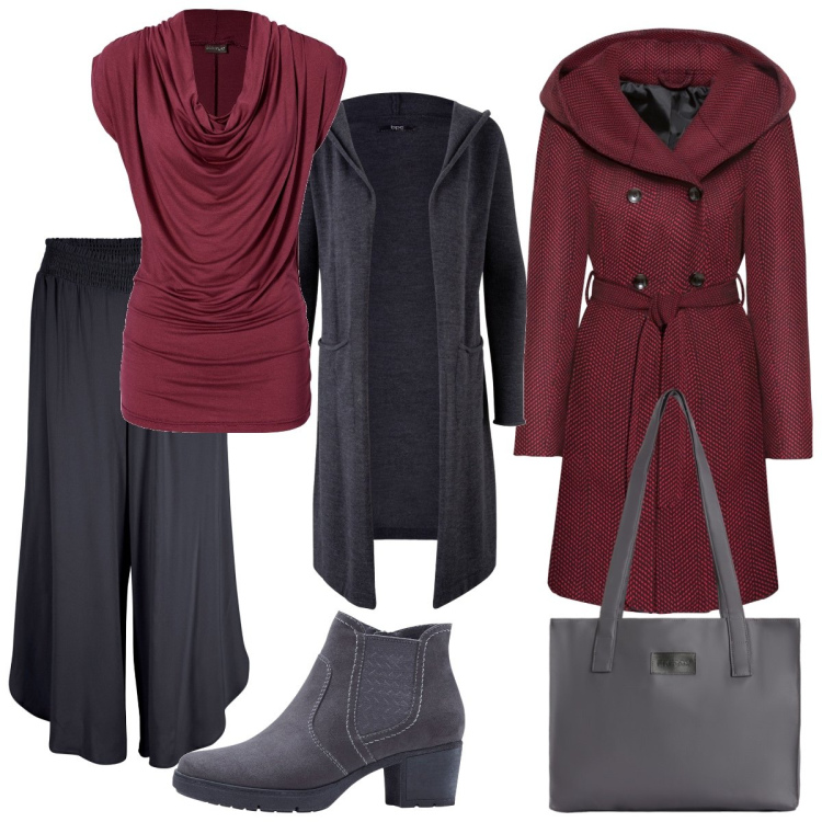 Outfit donna - Ferro e bordeaux. Stile Casual per Tutti i giorni. Abbinamento con cardigans, cappotti, stivaletti, maglieria, pantaloni culotte, shopping bag.