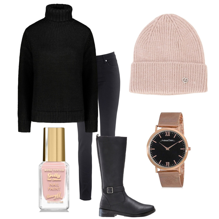 Outfit donna - Total look #1789673. Stile Basic per Tutti i giorni. Abbinamento con jeans dritti, stivali, smalti, berretti, maglieria, orologi analogici.