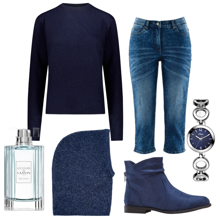 Outfit donna - Total look #1789676. Stile Trendy per Tutti i giorni. Abbinamento con stivaletti, jeans dritti, profumi, maglieria, cappelli, orologi.