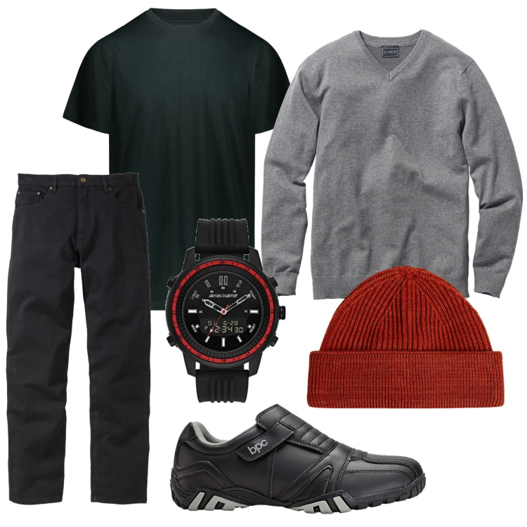 Outfit uomo - Total look #1789677. Stile Urban per Tutti i giorni. Abbinamento con jeans dritti, scarpe stringate, maglieria, orologi, t-shirt, berretti.