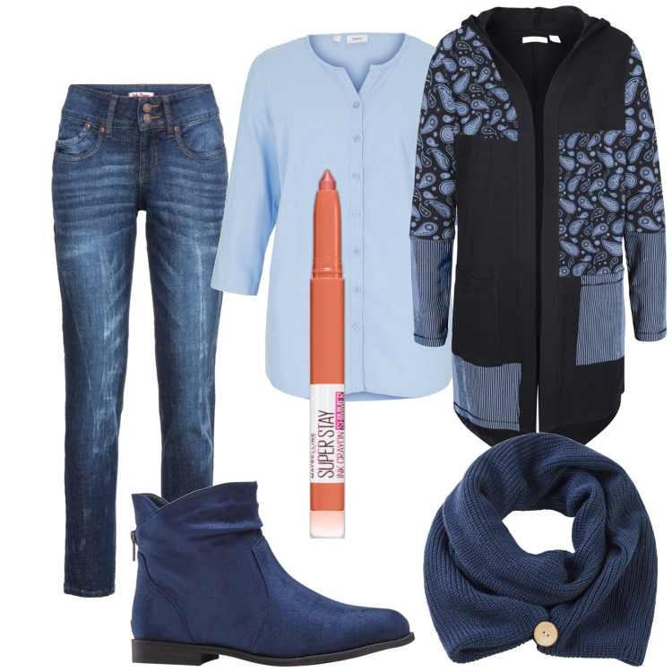 Outfit donna - Total look #1789683. Stile Casual per Tutti i giorni. Abbinamento con camicie, stivaletti, cardigans, foulard, jeans mom, rossetti.