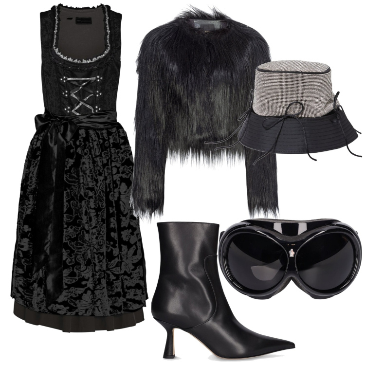 Outfit donna - Abito tirolese. Stile Etnico per Serata fuori. Abbinamento con vestiti, blazer, clutch, stivaletti, cappelli.