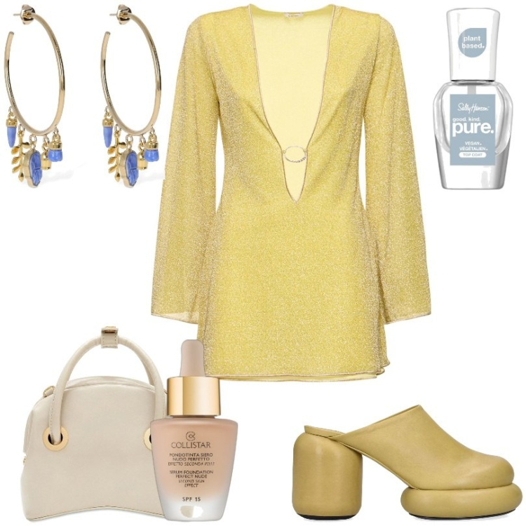Outfit donna - Mules in pelle. Stile Urban per Tutti i giorni. Abbinamento con smalti, fondotinta, vestiti, borse a mano, orecchini, pantofole.