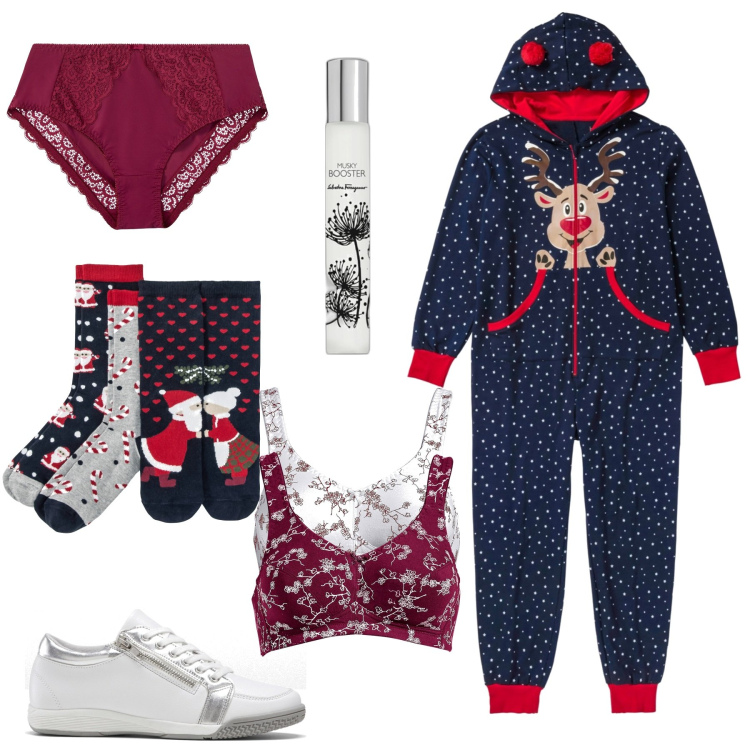 Outfit donna - Giorni di festa in relax. Stile Basic per Tutti i giorni. Abbinamento con tute, calzini, sneakers, reggiseni, slip, profumi.