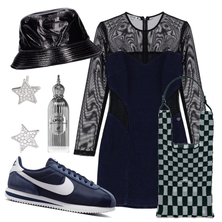 Outfit donna - blu e nero lucido e suede. Stile Casual per Tutti i giorni. Abbinamento con profumi, orecchini, vestiti, sneakers, cappelli, borse a spalla.