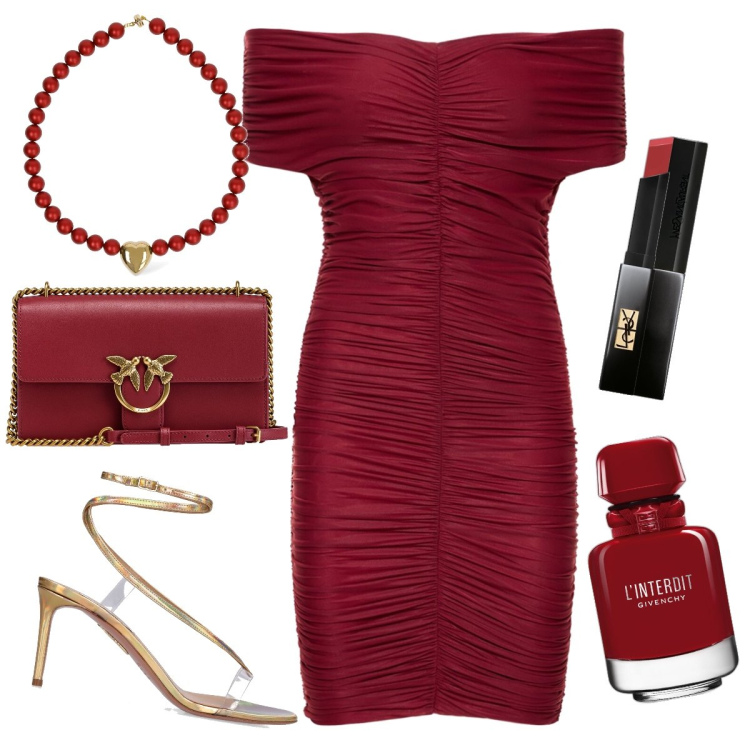 Outfit donna - red passion. per Serata fuori. Abbinamento con profumi, rossetti, borse a tracolla, collane, sandali in pelle, vestiti.
