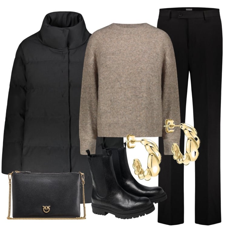 Outfit donna - outfit d’ufficio. Stile Basic per Ufficio. Abbinamento con borse a tracolla, piumini, maglieria, pantaloni, stivaletti chelsea, orecchini.