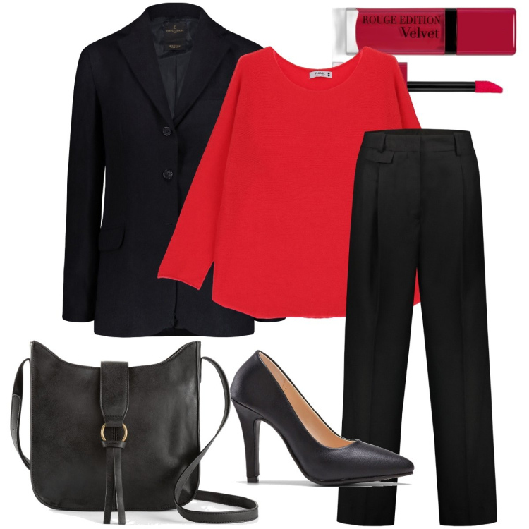 Outfit donna - Rosso Capodanno. Stile Bon Ton per Serata fuori. Abbinamento con borse a tracolla, décolleté, rossetti, maglieria, pantaloni, blazer.