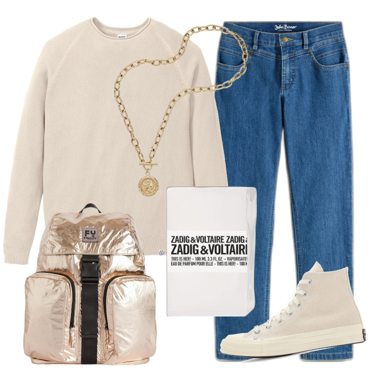 Outfit donna - creamy and gold. Stile Basic per Tutti i giorni. Abbinamento con pullover in in maglia grigio, jeans dritti, profumi, zaini, sneakers, collane.