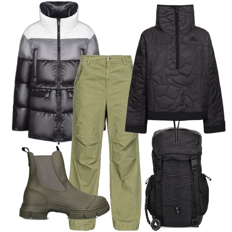 Outfit donna - In mezzo alla neve. Stile Sporty chic per Tutti i giorni. Abbinamento con pantaloni, piumini, stivaletti, maglieria, zaini.
