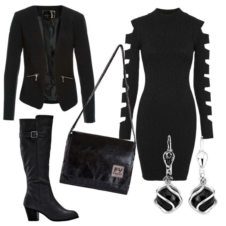 Outfit donna - Total look #1789714. Stile Chic per Serata fuori. Abbinamento con stivali, blazer, vestiti, borse a tracolla, orecchini.